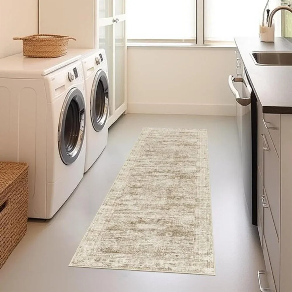 2.5x8ft Non-Slip Kitchen Runner Rug, Washable Low Pile Vintage Rug, Brown/Ivory